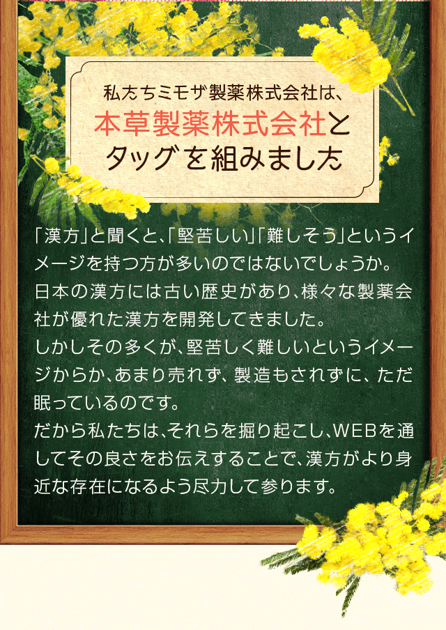 私たちミモザ製薬株式会社は本草製薬株式会社とタッグを組みました